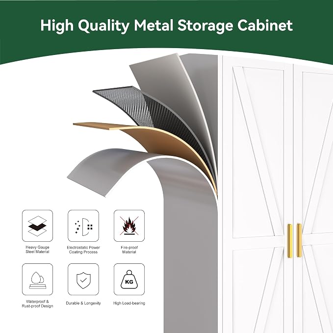 Metal Wardrobe Closet with Doors and Shelves, 71" Farmhouse Bedroom Armoire with Hanger Rod and Clothing Shelf, White Closet Cabinet for Hanging Clothes for Laundry Room Garage Dormitory