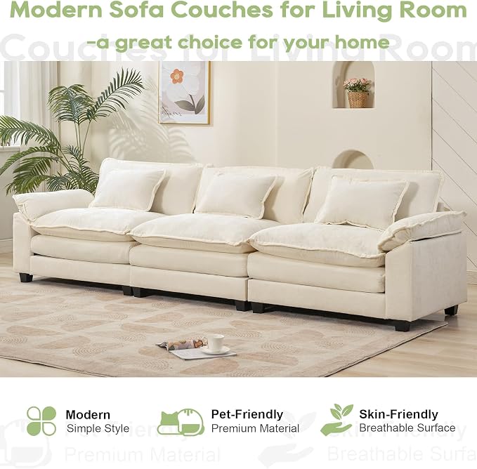 Oprisen 120" Modular Sectional Sofa, Comfy Cloud Couch Sectional Sofa, Chenille Sofa Sleeper Deep Seat Sofa with Throw Pillows for Living Room (Beige White, 120"- 3 Seater)