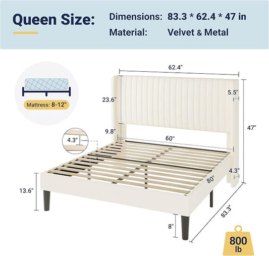 Allewie Queen Size Velvet Bed Frame/Vertical Channel Tufted Wingback Headboard/Upholstered Platform Bed/Strong Wooden Slats/No Box Spring Needed/Easy Assembly/Cream White