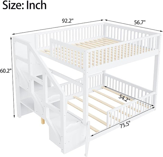Full Over Full Floor Bunk Bed with Storage Ladder and Guardrails,for Kids Teens Adults (White#FF, Full Over Full)