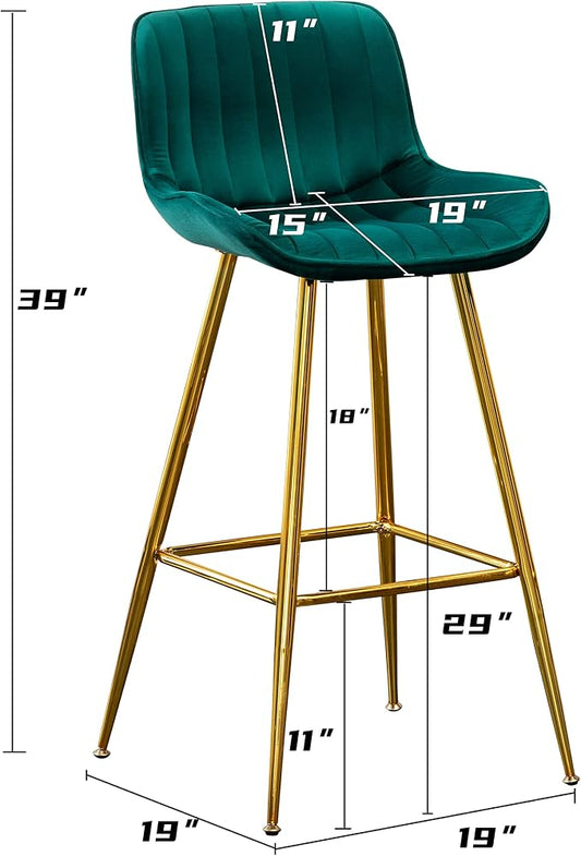 Sidanli Velvet Barstools Set of 2, Green Bar Height Chairs Set of 2 with Gold Legs, 29 inch Seat Height Comfortable Island Stools with Back