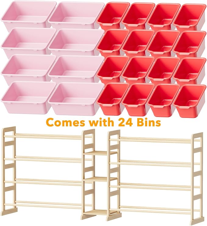 SpaceAid Large Toy Storage Organizer with 24 Bins and 3 Shelves, Toy Organizers Storage Bookshelf, Kids Bin Shelf Box Bookcase for Bedroom Playroom Organization Room Decor, Red and Pink