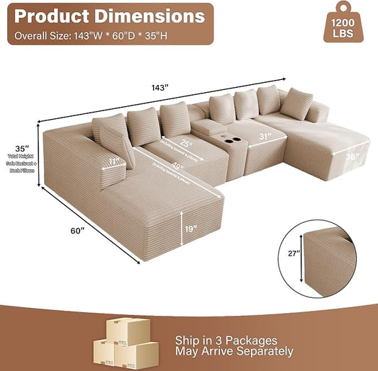 143" Oversized U Shaped Cloud Sectional Couches for Living Room, Comfy Fluffy Corduroy Beige Boneless Couch, Large Modular Sectional Sofa Set with Chaise, Cup Holder, USB Port, Storage Console
