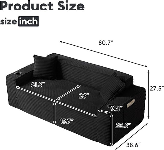 Boneless Sectional Sofa Couch with Cup Holders & Side Pockets, Modern Corduroy Fabric Deep Seat 3-seat Cloud Couch for Living Room Office, No Assembly (Black)