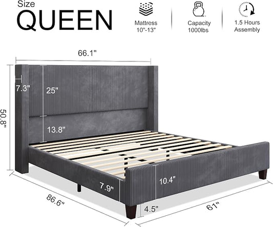 HOWE Queen Size Bed Frame with 50.8 Inch Corduroy Wingback Headboard, Gray | Modern Upholstered Platform Bed, Solid Wood Slats, No Box Spring Needed, Noise-Reducing Design
