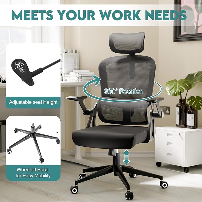 Monhey Ergonomic Office Desk Chair, 90°-125° Tilt Back Home Desk Chair with 360° Swivel & Mute Wheels, High Back Mesh Computer Chair for Adults with Lumbar Support, 330 LBS Capacity(05Black)