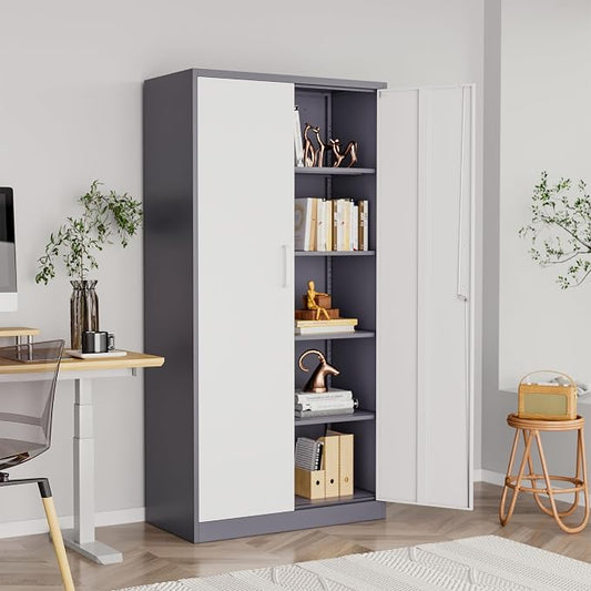 Metal Storage Cabinet with Lock,71" Garage Cabinets with 2 Doors and 4 Adjustable Shelves, Steel Locking Caninets Tall Tool Storage Cabnet, Lockable File Caninet for Home Office, Pantry
