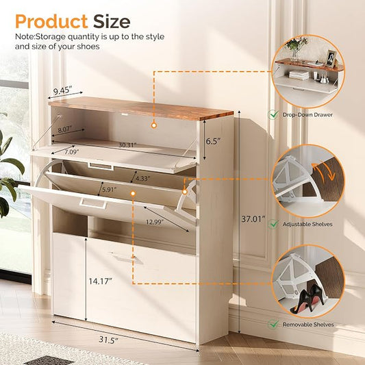 VINGLI Shoe Cabinet for Entryway, Farmhouse Slim Shoe Rack Storage with 3 Flip Drawers, Rustic Brown Top & Washed White Body, Narrow Hidden Shoe Organizer for Hallway, 9.5" Depth