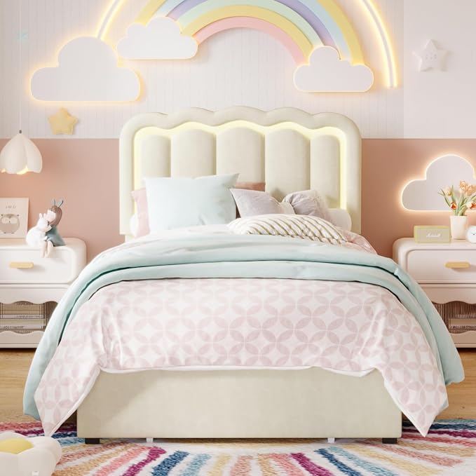 SHA CERLIN Upholstered Twin Size Bed Frame with LED Lights and Large Storage Drawer, Velvet Platform Bed with Adjustable Wavy Headboard, Noise Free, Easy Assembly, No Box Spring Needed, Soft Cream