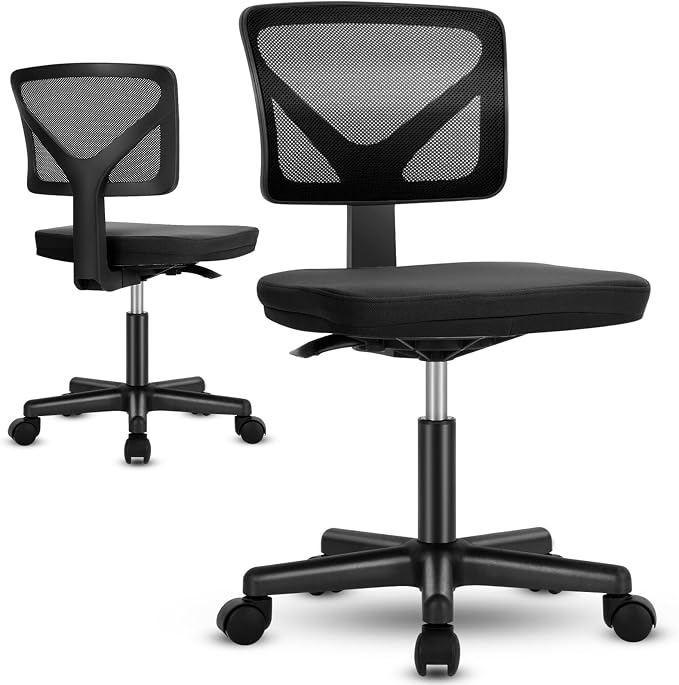 Sweetcrispy Ergonomic Low-Back Mesh Small Office Chair, Rolling Work Swivel Chairs with Wheels, Armless Comfortable Seat Lumbar Support for Home, Bedroom, Study, Student, Adults, New Black