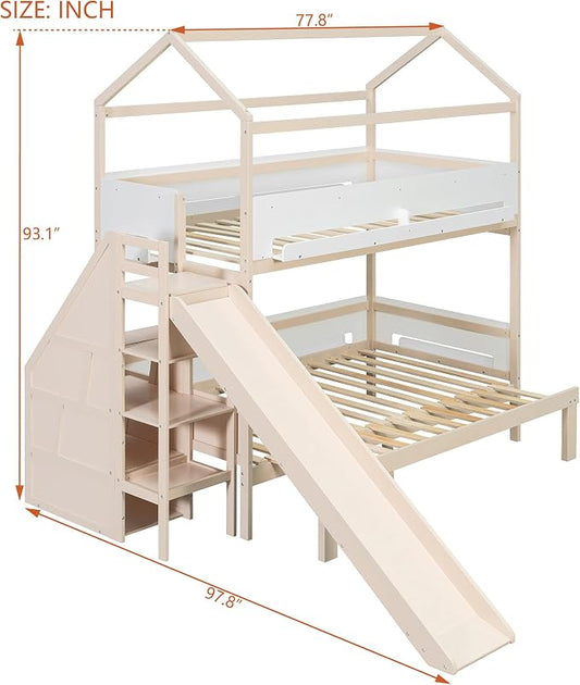 Harper & Bright Designs House Bunk Bed with Trundle and Bookshelf, Twin Over Full Bunk Bed with Slide and Stairs for Kids Teens Adults, Space Saving, No Box Spring Needed, Beige+White