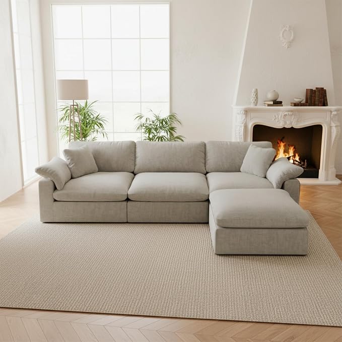 Modular Sectional Sofa Cloud Couch,Down Filled Comfy Cloud Modern Sofa,Light Beige Linen L Shape Oversized Couch Cushion Covers Removable Furniture for Living Room