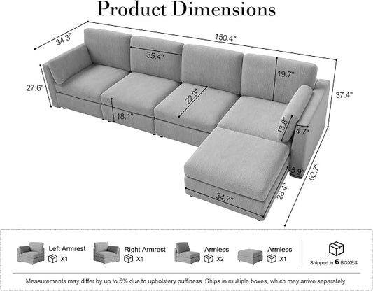 Oversized Modular Sectional Sofa L-Shaped Cloud Couches Gray | 150'' Deep Seat Couch for Living Room, 5-Seater Luxury Corner sofa with Ottoman, Solid Wood Frame, Removable Washable Cover