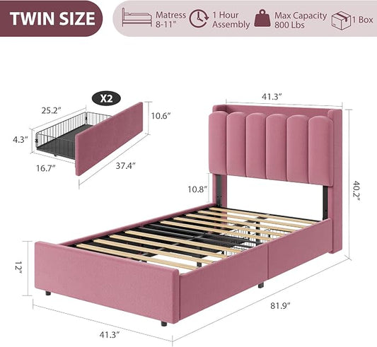 Garvee LED Twin Size Bed Frame with Storage Headboard, Kids Bed Frame with 2 Drawers, Boucle Upholstered Platform Bed for Girls, Chic Wavy Headboard with Bookcase, No Box Spring Needed, Dark Pink