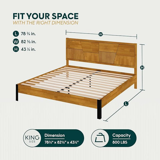 Bme Trapeze King Bed Frame – Modern Solid Wood Bed with Smooth Pattern Headboard, Black Metal Legs, Teak Brown Finish – Durable King Size Platform Bed for Contemporary Bedrooms