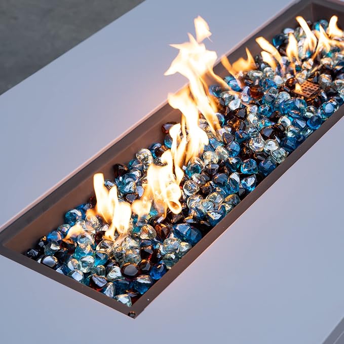 onlyfire 10-Pounds Fire Glass Diamonds for Propane Fire Pit, 1 Inch Blended Firepit Glass Rocks Stones for Gas Fireplace and Fire Pit Table, Caribbean Blue, Crystal Ice and Amber