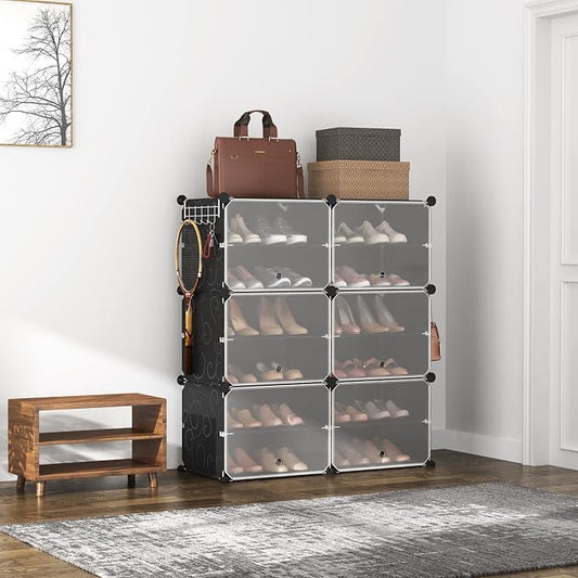ROJASOP Portable Shoe Rack Organizer 6-Tier Shoe Cabinet 24-Pair Shoe Organizer Shoe Storage Expandable Free Standing Stackable Space Shoe Rack with 2 Exclusive Versatile Hooks for Bedroom Black