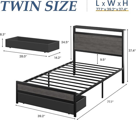 Fluest Twin Bed Frame,Twin Bed Frame with Storage Headboard & Storage Drawer, Charging Station & LED Light, No Box Spring Needed, Noise Free, Easy Assembly, Rustic Grey