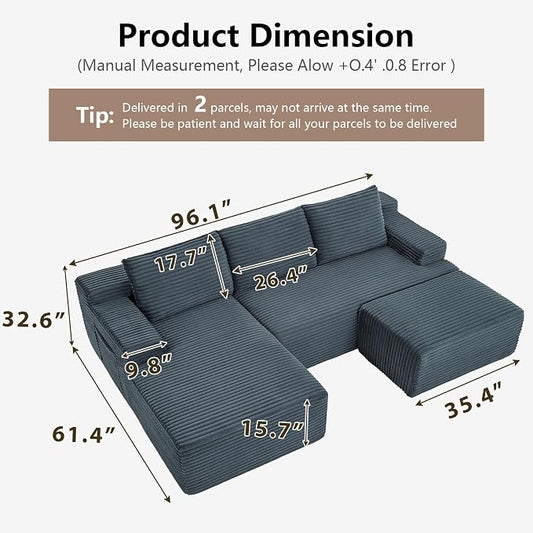 96" Cloud Sectional Couch U-Shaped Chaise with Ottoman, Corduroy Boneless Couch for Living Room Bedroom, Deep-Seat Upholstered Modular Cloud Sofa, No Assembly Required (Grey, Left Facing Chaise)