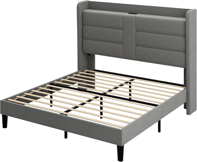 Allewie Full Size Platform Bed Frame with Charging Station & Storage Headboard, Upholstered Velvet Wingback Design & USB Port, Strong Wooden Slats Support, No Box Spring Needed, Easy Assembly, Grey