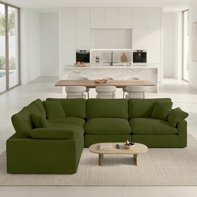 211.6" Cloud Modular Sectional Sofa,Green Down Filled Sofa 5 Seat,Minimalist Sofa Cover Washable and Replaceable Couches for Living Room,Sectional Sofa Deep Seat