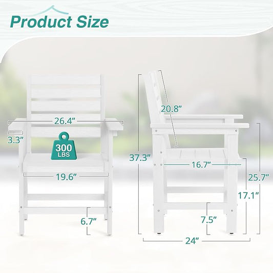 Patio Dining Chairs Set of 2, HDPS Weather Resistant Outdoor Chairs with Armrest, Heavy Duty 300LBS Support Patio Chairs for Backyard Deck Porch Balcony, White