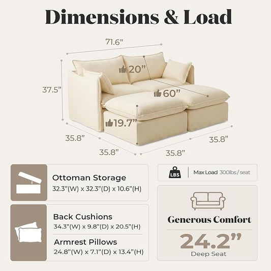 Cloud Modular Loveseat Lounge, Oversized Deep Seat, Luxe Chenille | Fully Removable Washable Covers, Memory Foam Seat Cushions, Storage Ottoman, Premium Fabric