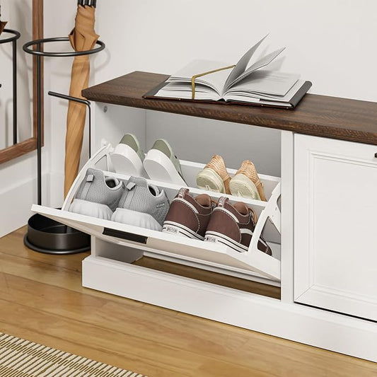 SoBuy Narrow Shoe Bench with Flip Drawers - Slim White Entryway Shoe Storage Bench for Small Spaces, Modern Shoe Cabinet Organizer for Hallway or Foyer, Compact Wooden Shoe Rack, FSR217-WN