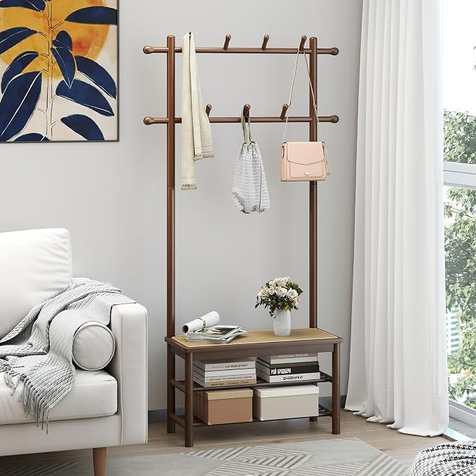 Giantex 3-in-1 Hall Tree with Bench and Shoe Storage, Bamboo Coat Rack Freestanding w/PE Rattan Bench, 11 Hanging Rods, 3 Tier Shoe Rack, Narrow Mudroom Storage Organizer for Entryway Bedroom, Brown