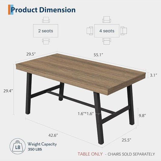 GarveeHome Industrial Dining Table for 2-4, 55" Heavy Duty Rectangular Kitchen Table with 2"×2" Metal Legs, Small Space Dining Table for Kitchen, Dining Room (Rustic Pear, 55" Non-extendable)