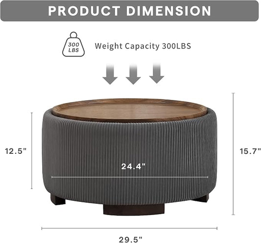29.5 Inch Round Storage Ottoman Coffee Table,Modern Circle Coffee Table with Storage with Removable Lid Top and Solid Wood Legs,Large Round Ottoman for Bedroom,Living Room,Velvet,Grey