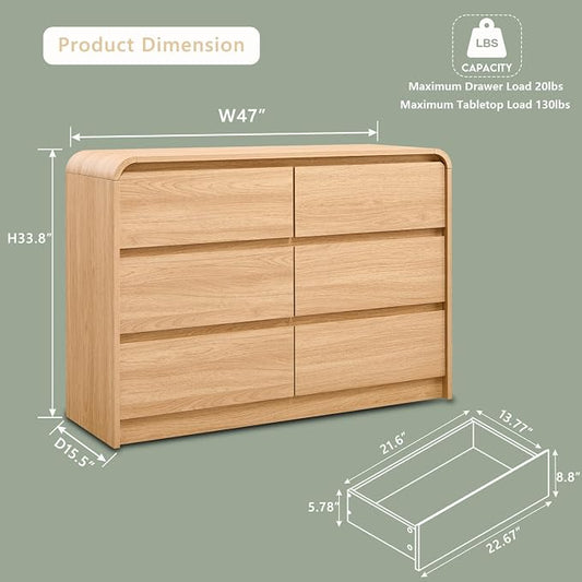 Aitjunz Modern 6 Drawers Dresser for Bedroom, 47" Wide Wood Dressers & Chests of Drawers w/Curved Profile Design, Mid Century Modern Dresser w/Natural Texture for Bedroom, Living Room, Natural Oak