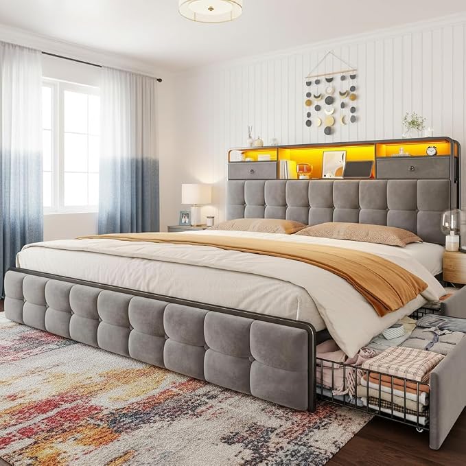 EnHomee Queen Bed Frame with 6 Storage Drawers and 2-Tier Velvet Upholstered Headboard,Modern Bed Frame with LED Lights&Charging Station,No Box Spring Needed,Noise-Free, Easy Assembly,Sturdy,Grey