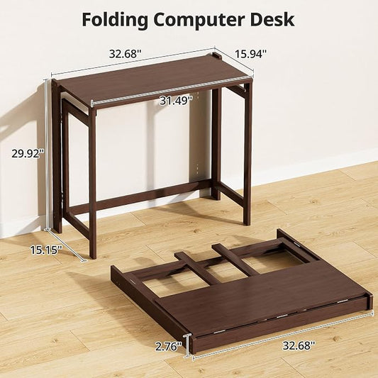 Bamboo Folding Desk 32.68 Inch, Small Foldable Desk for Small Spaces, Writing Desk Computer Table for Bedroom Home Office, Space Saving Foldable Desk, Easy Assembly, Brown