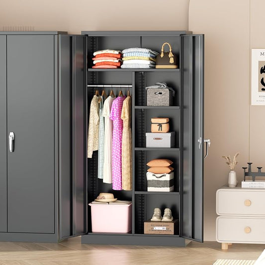 Greenvelly Metal Wardrobe Cabinet with Locking Doors, 72"H Black Metal Wardrobe Closet with Hanging Rods and Adjustable Shelves, Clothing Storage Closet for Home, Office, Employee, Gym (16" D x 32" W)