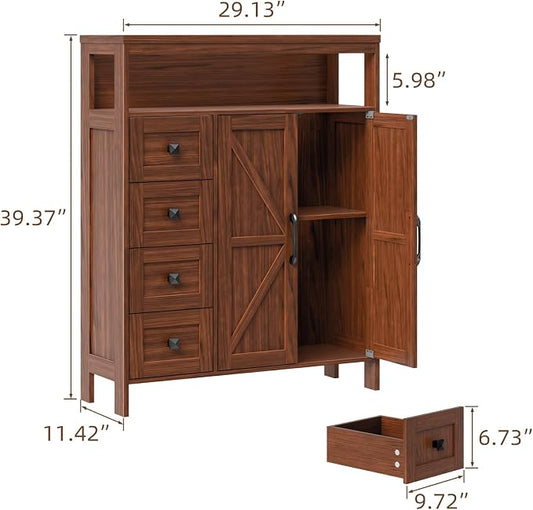 Vabches Farmhouse Storage Cabinet with 2 Doors and 4 Drawers, Freestanding Bathroom Compartment Kitchen Pantry Cabinet, Floor Cupboard for Kitchen/Living Room/Bathroom,Walnut