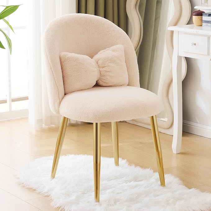 VINGLI Boucle Girls Vanity Chair with Back & Pillow,Cute Small Cozy Desk Chair No Wheels,Comfy Makeup Ch with Ajustable Gold Legs,for Bedroom,Living Room,Small Space,Khaki