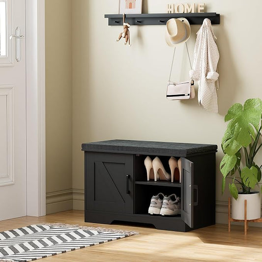 HOMSHO Farmhouse Shoe Storage Bench with 2 Barn Doors & Padded Seat Cushion | 27.6" Wide Entryway Bench with Adjustable Shelves & Hidden Storage, Black