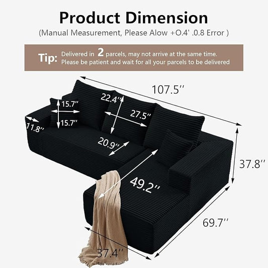 107.5" Cloud Sectional Couch L-Shaped Chaise, Comfy Corduroy Boneless Couch for Living Room Bedroom, Deep Seat Upholstered Modular Cloud Sofa Sleeper, No Assembly Required (Black, Right Facing Chaise)