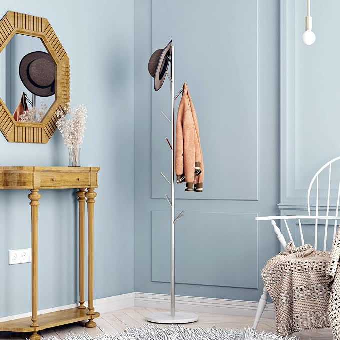 DOORXIFO Silver Coat Racks, Metal Coat Rack Freestanding with Hooks, Entryway Coat Rack Stand, Coat Racks with Marble Base, Coat Tree for Hanging Clothes, Hats, Bags