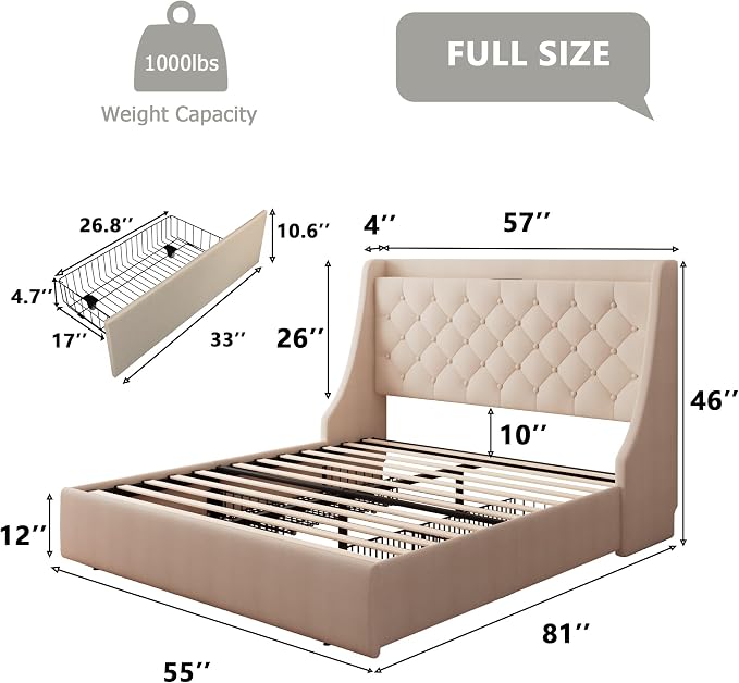 Feonase Upholstered Full Size Bed Frame with 4 Storage Drawers, Charging Station and Tufted Wingback Storage Headboard, No Box Spring Needed, Easy Assembly, Beige