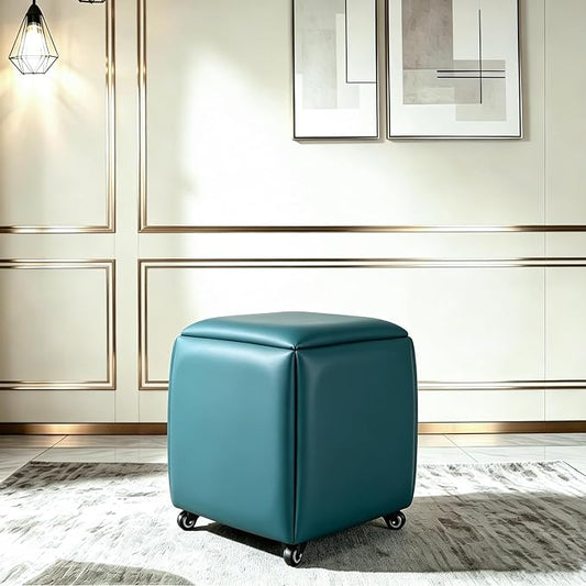 5 in 1 Nesting Ottoman Cube Chair, Stackable Stools, Leather Square Ottoman Bench, Foot Stool with Wheels for Living Room,Dining Room 15.75x15.75x16.54 inches