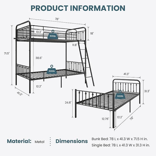 SHA CERLIN Convertible Twin Over Twin Bunk Bed,CPC Certified,Black | Victorian Iron-Art Headboard and Footboard,Space-Saving Metal Bunk Bed with Guardrail & Ladder,No Box Spring Needed