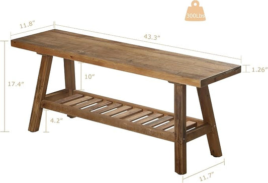 HOKYHOKY Reclaimed Solid Wood Bench-43.3" Farmhouse Entryway Bench with Storage Shelf, Narrow Rustic Bench for Hallway, Kitchen, Bedroom, Dining