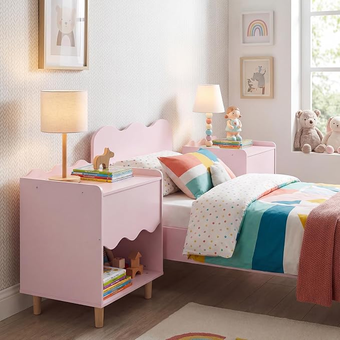 Costzon Nightstand, Kids Scalloped Side Table w/Wide Top, Large Storage Compartment & Solid Rubber Wood Legs, Wooden End Table for Children's Play Room, Bedroom, Living Room (Pink)