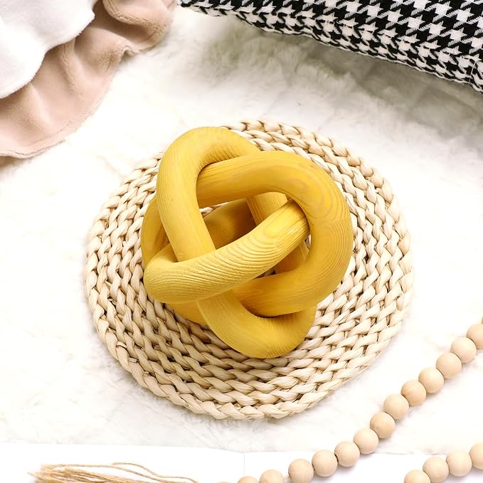 Yalikop 3 Link Wood Knot Decor Rustic Home Décor Accents Hand Carved Coffee Table Decoration, Boho Chain Link Decoration, Modern Shelf, Rustic Objects for Home Living Room Bedroom(Yellow)