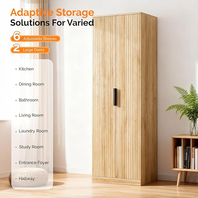 VINGLI 70" Modern Pantry Cabinet with Fluted Doors, 5 Adjustable Shelves, Tall Storage Solution for Kitchen, Dining Room, or Living Room, Oak