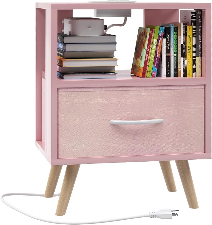 Huhote Kids Nightstand, 2-Tier Night Stand with Charging Station and Drawer, Modern Side Table for Bedroom, Study Room Small Spaces, Pink