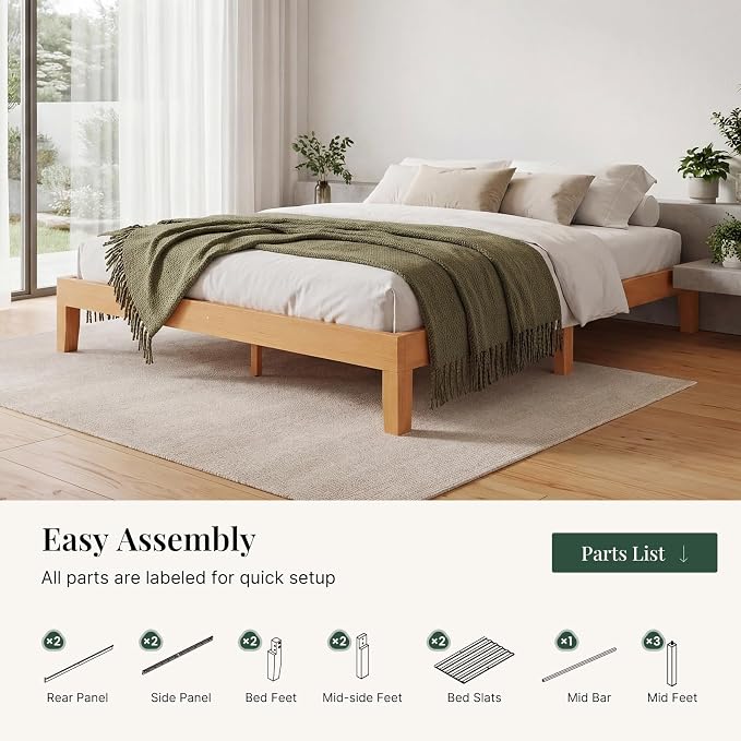 Sweetcrispy King Size Bed Frame 12 inch Heavy Duty Platform Bedframe, 1000 lbs Capacity, Underbed Storage, No Box Spring Needed, Wooden Slats, Easy Assembly with Velcro, Honey Finish