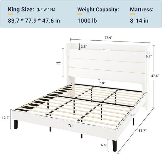 Allewie King Size Upholstered Bed Frame with Charging Station & Storage Headboard, Soft Velvet Wingback Platform Bed, Strong Wooden Slats Support, No Box Spring Needed, Easy Assembly, White